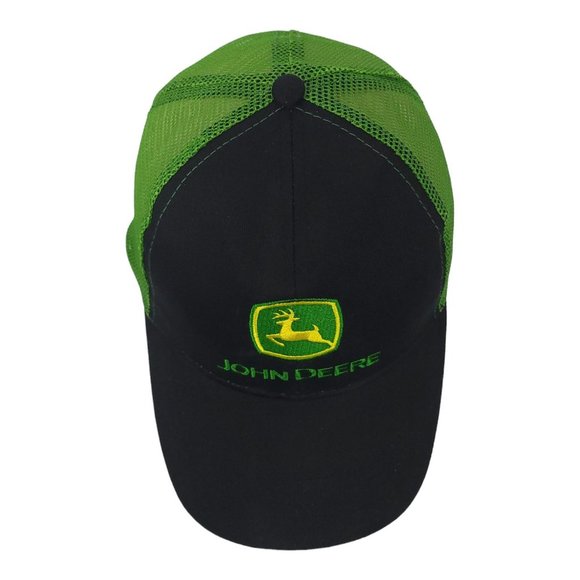 John Deere Mesh Patch Logo Strapback Cap Trucker Baseball Hat Black Green - Picture 12 of 13